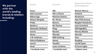 Brands Curators
Department Stores
& Marketplaces:
Gucci
Saint Laurent
Balenciaga
Maison Margiela
Prada
Burberry
Alexander McQueen
Lanvin
Kenzo
J.W. Anderson
Dolce & Gabbana
Lanvin
Fendi
+ hundreds more
24S
Net-a-Porter
Matches Fashion
Mr. Porter
Browns
My Theresa
Goop
Revolve
Flannels
END Clothing
Ssense
Tessabit
Luisa via Roma
+ hundreds more
Neiman Marcus
Farfetch
Nordstrom
Saks Fifth Avenue
Bergdorf Goodman
Lane Crawford
Selfridges&Co
Harvey Nichols
Harrods
Yoox
Shopbop
Lord & Taylor
El Corte Ingles
+ dozens more
We partner
with the
world’s leading
brands & retailers
including:
7
 