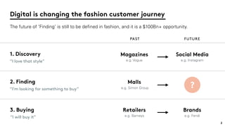 Digital is changing the fashion customer journey
The future of ‘Finding’ is still to be deﬁned in fashion, and it is a $10...