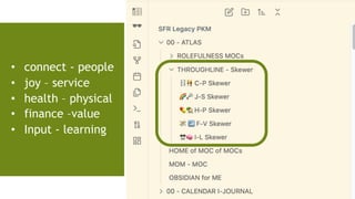 • connect - people
• joy – service
• health – physical
• finance –value
• Input - learning
 