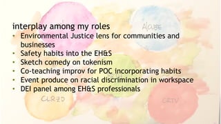 interplay among my roles
• Environmental Justice lens for communities and
businesses
• Safety habits into the EH&S
• Sketch comedy on tokenism
• Co-teaching improv for POC incorporating habits
• Event produce on racial discrimination in workspace
• DEI panel among EH&S professionals
 