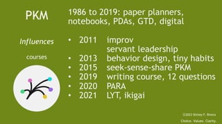 Choice. Values. Clarity.
ⓒ2023 Shirley F. Rivera
1986 to 2019: paper planners,
notebooks, PDAs, GTD, digital
• 2011 improv
servant leadership
• 2013 behavior design, tiny habits
• 2015 seek-sense-share PKM
• 2019 writing course, 12 questions
• 2020 PARA
• 2021 LYT, ikigai
PKM
Influences
courses
 