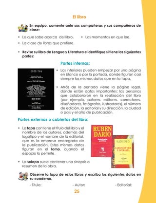 25
El libro
En equipo, comente ante sus compañeras y sus compañeros de
clase:
•	 Revise su libro de Lengua y Literatura e identifique si tiene las siguientes
partes:
Partes internas:
•	 Los interiores pueden empezar por una página
en blanco o por la portada, donde figuran casi
siempre los mismos datos que en la tapa.
•	 Atrás de la portada viene la página legal,
donde están datos importantes: las personas
que colaboraron en la realización del libro
(por ejemplo, autores, editores, correctores,
diseñadores, fotógrafos, ilustradores), el número
de edición, la editorial y su dirección, la ciudad
o país y el año de publicación.
Partes externas o cubiertas del libro:
•	 La tapa contiene el título del libro y el
nombre de los autores, además del
logotipo y el nombre de la editorial,
que es la empresa encargada de
la publicación. Estos mismos datos
figuran en el lomo, cuando el
espacio lo permite.
•	 La solapa suele contener una sinopsis o
resumen de la obra.
Observe la tapa de estos libros y escriba los siguientes datos en
su cuaderno.
- Título: - Autor: - Editorial:
•	 Lo que sabe acerca del libro.
•	 La clase de libros que prefiere.
•	 Los momentos en que lee.
 