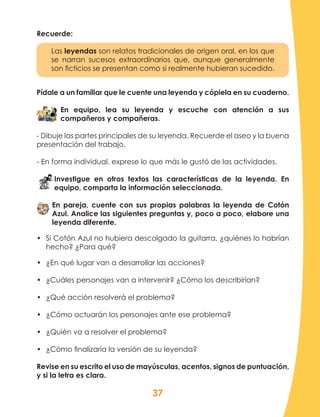 37
Recuerde:
Las leyendas son relatos tradicionales de origen oral, en los que
se narran sucesos extraordinarios que, aunque generalmente
son ficticios se presentan como si realmente hubieran sucedido.
Pídale a un familiar que le cuente una leyenda y cópiela en su cuaderno.
En equipo, lea su leyenda y escuche con atención a sus
compañeros y compañeras.
- Dibuje las partes principales de su leyenda. Recuerde el aseo y la buena
presentación del trabajo.
- En forma individual, exprese lo que más le gustó de las actividades.
Investigue en otros textos las características de la leyenda. En
equipo, comparta la información seleccionada.
En pareja, cuente con sus propias palabras la leyenda de Cotón
Azul. Analice las siguientes preguntas y, poco a poco, elabore una
leyenda diferente.
•	 Si Cotón Azul no hubiera descolgado la guitarra, ¿quiénes lo habrían
hecho? ¿Para qué?
•	 ¿En qué lugar van a desarrollar las acciones?
•	 ¿Cuáles personajes van a intervenir? ¿Cómo los describirían?
•	 ¿Qué acción resolverá el problema?
•	 ¿Cómo actuarán los personajes ante ese problema?
•	 ¿Quién va a resolver el problema?
•	 ¿Cómo finalizaría la versión de su leyenda?
Revise en su escrito el uso de mayúsculas, acentos, signos de puntuación,
y si la letra es clara.
 