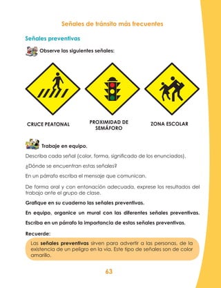 63
CRUCE PEATONAL ZONA ESCOLARPROXIMIDAD DE
SEMÁFORO
Trabaje en equipo.
Describa cada señal (color, forma, significado de los enunciados).
¿Dónde se encuentran estas señales?
En un párrafo escriba el mensaje que comunican.
De forma oral y con entonación adecuada, exprese los resultados del
trabajo ante el grupo de clase.
Grafique en su cuaderno las señales preventivas.
En equipo, organice un mural con las diferentes señales preventivas.
Escriba en un párrafo la importancia de estas señales preventivas.
Recuerde:
Las señales preventivas sirven para advertir a las personas, de la
existencia de un peligro en la vía. Este tipo de señales son de color
amarillo.
Señales de tránsito más frecuentes
Señales preventivas
Observe las siguientes señales:
 