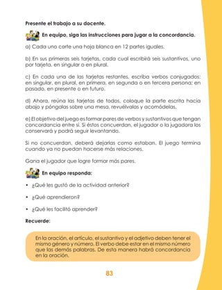 83
Presente el trabajo a su docente.
En equipo, siga las instrucciones para jugar a la concordancia.
a) Cada uno corte una hoja blanca en 12 partes iguales.
b) En sus primeras seis tarjetas, cada cual escribirá seis sustantivos, uno
por tarjeta, en singular o en plural.
c) En cada una de las tarjetas restantes, escriba verbos conjugados:
en singular, en plural, en primera, en segunda o en tercera persona; en
pasado, en presente o en futuro.
d) Ahora, reúna las tarjetas de todos, coloque la parte escrita hacia
abajo y póngalas sobre una mesa, revuélvalas y acomódelas.
e) El objetivo del juego es formar pares de verbos y sustantivos que tengan
concordancia entre sí. Si éstos concuerdan, el jugador o la jugadora los
conservará y podrá seguir levantando.
Si no concuerdan, deberá dejarlas como estaban. El juego termina
cuando ya no puedan hacerse más relaciones.
Gana el jugador que logre formar más pares.
En equipo responda:
•	 ¿Qué les gustó de la actividad anterior?
•	 ¿Qué aprendieron?
•	 ¿Qué les facilitó aprender?
Recuerde:
En la oración, el artículo, el sustantivo y el adjetivo deben tener el
mismo género y número. El verbo debe estar en el mismo número
que las demás palabras. De esta manera habrá concordancia
en la oración.
 