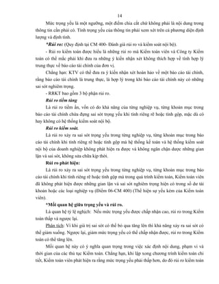 14
     Mức trọng yếu là một ngưỡng, một điểm chia cắt chứ không phải là nội dung trong
thông tin cần phải có. Tính trọng yếu của thông tin phải xem xét trên cả phương diện định
lượng và định tính.
     *Rủi ro: (Quy định tại CM 400- Đánh giá rủi ro và kiểm soát nội bộ).
       - Rủi ro kiểm toán được hiểu là những rủi ro mà Kiểm toán viên và Công ty Kiểm
toán có thể mắc phải khi đưa ra những ý kiến nhận xét không thích hợp về tính hợp lý
trung thực về báo cáo tài chính của đơn vị.
       Chẳng hạn: KTV có thể đưa ra ý kiến nhận xét hoàn hảo về một báo cáo tài chính,
rằng báo cáo tài chính là trung thực, là hợp lý trong khi báo cáo tài chính này có những
sai sót nghiêm trọng.
       - RRKT bao gồm 3 bộ phận rủi ro.
       Rủi ro tiềm tàng
       Là rủi ro tiềm ẩn, vốn có do khả năng của từng nghiệp vụ, từng khoản mục trong
báo cáo tài chính chứa đựng sai sót trọng yếu khi tính riêng rẽ hoặc tính gộp, mặc dù có
hay không có hệ thống kiểm soát nội bộ.
       Rủi ro kiểm soát.
       Là rủi ro xảy ra sai sót trọng yếu trong từng nghiệp vụ, từng khoản mục trong báo
cáo tài chính khi tính riêng rẽ hoặc tính gộp mà hệ thống kế toán và hệ thống kiểm soát
nội bộ của doanh nghiệp không phát hiện ra được và không ngăn chặn dược những gian
lận và sai sót, không sửa chữa kịp thời.
       Rủi ro phát hiện:
       Là rủi ro xảy ra sai sót trọng yếu trong từng nghiệp vụ, từng khoản mục trong báo
cáo tài chính khi tính riêng rẽ hoặc tính gộp mà trong quá trình kiểm toán, Kiểm toán viên
đã không phát hiện được những gian lận và sai sót nghiêm trọng hiện có trong số dư tài
khoản hoặc các loại nghiệp vụ (Điểm 06-CM 400) (Thể hiện sự yếu kém của Kiểm toán
viên).
       *Mối quan hệ giữa trọng yếu và rủi ro.
       Là quan hệ tỷ lệ nghịch: Nếu mức trọng yếu được chấp nhận cao, rủi ro trong Kiểm
toán thấp và ngược lại.
       Phân tích: Vì khi giá trị sai sót có thể bỏ qua tăng lên thì khả năng xảy ra sai sót có
thể giảm xuống. Ngược lại, giảm mức trọng yếu có thể chấp nhận được, rủi ro trong Kiểm
toán có thể tăng lên.
       Mối quan hệ này có ý nghĩa quan trọng trong việc xác định nội dung, phạm vi và
thời gian của các thủ tục Kiểm toán. Chẳng hạn, khi lập xong chương trình kiểm toán chi
tiết, Kiểm toán viên phát hiện ra rằng mức trọng yếu phải thấp hơn, do đó rủi ro kiểm toán
 