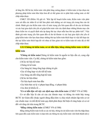 15
sẽ tăng lên. Để bù lại, kiểm toán viên phải tăng cường phạm vi kiểm toán và lựa chọn các
phương pháp kiểm toán hữu hiệu hơn để có thể giảm rủi ro phát hiện xuống mức có thể
chấp nhận được.
      CMKT 320 (Điểm 10) ghi rõ: “Khi lập kế hoạch kiểm toán, Kiểm toán viên phải
xem xét đến các nhân tố có thể làm phát sinh những sai sót trọng yếu trong báo cáo tài
chính. Đánh giá của Kiểm toán viên về mức trọng yếu liên quan đến số dư các tài khoản
và các loại giao dịch chủ yếu sẽ giúp kiểm toán viên xác định được những khoản mục cần
được kiểm tra và quyết định nên áp dụng thủ tục chọn mẫu hau thủ tục phân tích”. Việc
đánh giá mức trọng yếu liên quan đến số dư tài khoản và các loại giao dịch chủ yếu sẽ
giúp kiểm toán viên lựa chọn dược những thủ tục kiểm toán thích hợp và việc kết hợp các
thủ tục kiểm toán thích hợp đó với nhau sẽ làm giảm rủi ro kiểm toán tới mức độ có thể
chấp nhận được.
     1.5.3 Chứng từ kiểm toán, cơ sở dẫn liệu, bằng chứng kiểm toán và hồ sơ
kiểm toán
     *Chứng từ kiểm toán:Chứng từ kiểm toán là nguồn tư liệu sẵn có, cung cấp
cho kiểm toán viên. Cụ thể, chứng từ kiểm toán bao gồm:
     (1)Các tài liệu kế toán:
     -Chứng từ kế toán
     -Các bảng kê, bảng tổng hợp chứng từ gốc
     -Các sổ tổng hợp và chi tiết kế toán
     -Các bảng cân đối-tổng hợp kế toán
     (2)Các tài liệu khác:
     -Tài liệu hạch toán ban đầu
     -Các biên bản xử lý vi phạm hợp đồng, vi phạm khác
     -Các đơn từ khiếu tố ...
     *Cơ sở dẫn liệu với việc xác định mục tiêu kiểm toán: (CMKT VN số 500)
     Cơ sở dẫn liệu là căn cứ của các khoản mục và thông tin trình bày trong
BCTC do Giám đốc (hoặc người đứng đầu) đơn vị chịu trách nhiệm lập trên cơ sở
các chuẩn mực và chế độ kế toán quy định phải được thể hiện rõ ràng hoặc có cơ sở
đối với tổng chỉ tiêu trong BCTC
     *Bằng chứng kiểm toán: (CMKT VN số 500)
      Bằng chứng Kiểm toán là tất cả các tài liệu, thông tin do kiểm toán viên thu thập được
liên quan đến cuộc kiểm toán và dựa trên các thông tin này kiểm toán viên hình thành nên ý
 
