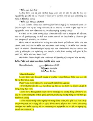 7
      * Kiểm toán tuân thủ:
      Là loại kiểm toán để xem xét bên được kiểm toán có tuân thủ các thủ tục, các
nguyên tắc, quy chế mà các cơ quan có thẩm quyền cấp trên hoặc cơ quan chức năng nhà
nước đã đề ra hay không.
      * Kiểm toán báo cáo tài chính
      Là việc kiểm tra và xác nhận tính trung thực và tính hợp lý của báo cáo tài chính (do
các đơn vị kế toán lập ra) cũng như xem xét các báo cáo tài chính có phù hợp với các
nguyên tắc, chuẩn mực kế toán và các yêu cầu của pháp luật hay không?
      Các báo cáo tài chính thường được kiểm toán nhiều nhất là bảng cân đối kế toán;
báo cáo kết quả hoạt động sản xuất kinh doanh; báo cáo lưu chuyển tiền tệ kể cả bản ghi
chú, bảng thuyết minh báo cáo tài chính.
      Ở các nước có nền kinh tế thị trường phát triển do tính phổ biến của Kiểm toán báo
cáo tài chính và do chủ thể Kiểm toán báo cáo tài chính thường là các Kiểm toán viên độc
lập ở các tổ chức kiểm toán chuyên nghiệp thực hiện kiểm toán để phục vụ cho các nhà
quản lý, chính phủ, các ngân hàng, các nhà đầu tư nên đã có sự đồng nhất giữa “Kiểm
toán” với “Kiểm toán báo cáo tài chính”.
     Đây là loại Kiểm toán phổ biến → sẽ được đề cập trong nội dung của môn học này.
1.3.2. Phân loại kiểm toán theo chủ thể kiếm toán
     Được chia thành:               Kiểm toán nội bộ
                                Kiểm toán nhà nước
                                Kiểm toán độc lập
     *Kiểm toán nội bộ
     Là việc kiểm toán do doanh nghiệp tự tổ chức và thực hiện do Kiểm toán viên nội
bộ của đơn vị tiến hành.
     Phạm vi của Kiểm toán nội bộ xoay quanh một số lĩnh vực sau:
     - Trước hết là kiểm tra việc hạch toán, lập báo cáo tài chính của doanh nghiệp đã
đúng, trung thực chưa.
     - Kiểm tra và đánh giá tính thích hợp và tính hiệu quả của hệ thống kế toán và các
quy chế kiểm soát nội bộ có liên quan, giám sát, hoạt động của hệ thống này và tham gia
hoàn thiện chúng.
     - Kiểm tra các thông tin tác nghiệp và thông tin tài chính, bao gồm việc soát xét lại
các phương tiện đã sử dụng để xác định, để tính toán, để phân loại và báo cáo những
thông tin này. Thẩm định cụ thể các khoản mục cá biệt (Kiểm tra chi tiết các nghiệp vụ,
các số liệu tài khoản…)
 