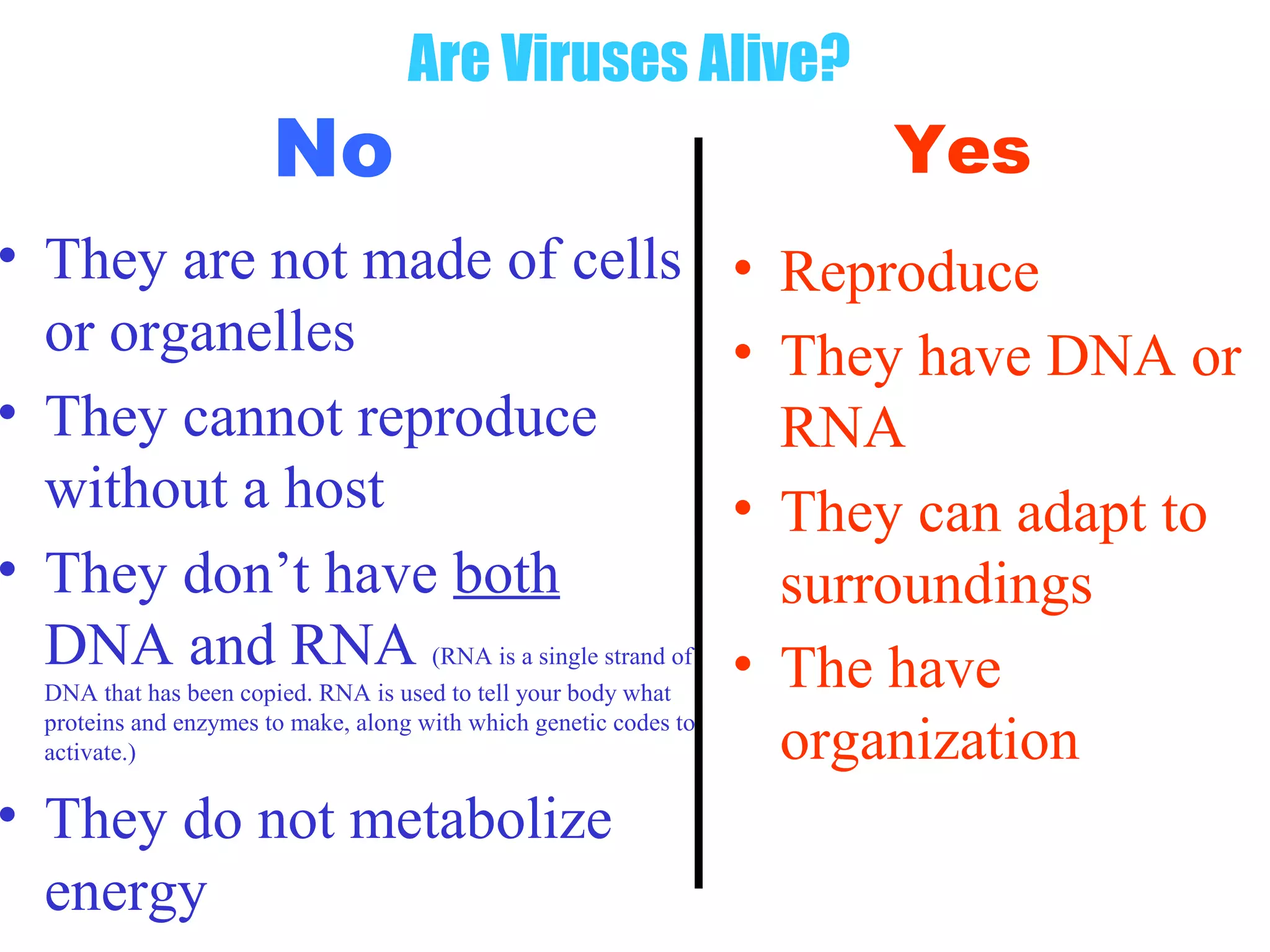Are Viruses Alive?
                        No                                                Yes
• They are not made of cells                                        • Reproduce
  or organelles                                                     • They have DNA or
• They cannot reproduce                                               RNA
  without a host                                                    • They can adapt to
• They don’t have both                                                surroundings
  DNA and RNA (RNA is a single strand of                            • The have
  DNA that has been copied. RNA is used to tell your body what
  proteins and enzymes to make, along with which genetic codes to
  activate.)                                                          organization
• They do not metabolize
  energy
 