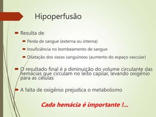 Hipoperfusão
 Resulta de
 Perda de sangue (externa ou interna)
 Insuficiência no bombeamento de sangue
 Dilatação dos vasos sanguíneos (aumento do espaço vascular)
 O resultado final é a diminuição do volume circulante das
hemácias que circulam no leito capilar, levando oxigênio
para as células
 A falta de oxigênio prejudica o metabolismo
Cada hemácia é importante !...
 