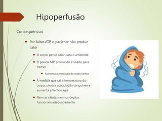 Hipoperfusão
Consequências
 Por faltar ATP, o paciente não produz
calor
 O corpo perde calor para o ambiente
 O pouco ATP produzido é usado para
tremer
 Aumenta a produção de ácido láctico
 À medida que cai a temperatura do
corpo, piora a coagulação sanguínea e
aumenta a hemorragia
 Nem as células nem os órgãos
funcionam adequadamente
 