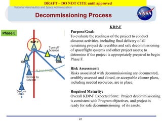 DRAFT – DO NOT CITE until approved
        National Aeronautics and Space Administration


                          Decommissioning Process
                                                                                       KDP-F
  Phase E                                              Purpose/Goal:
                                                     Phase F
                                                          To evaluate the readiness of the project to conduct
                      KDP-F                               closeout activities, including final delivery of all
                                                          remaining project deliverables and safe decommissioning
                                     Turn off
                                     Science              of spaceflight systems and other project assets; to
                                                          determine if the project is appropriately prepared to begin
                                                             Re-orbit/
                                                            De-orbit &
                                                          Phase F.
                                                           Passivation
              DR                             DRR

                          At least 90 days
                                                          Risk Assessment:
                                                                   Transfer to
                                                                      Post-
                                                          Risks associated with decommissioning are documented,
                                                                     Mission
                    Notice to                             credibly assessed and closed, or acceptable closure plans,
                                                                   Monitoring
                    Decom                                              Org
                                                          including needed resources, are in place.

            Decom                                                 Archive Data
                                                          Required Maturity:
             Plan                                                  & Close-out
                                                          Overall KDP-F Expected State: Project decommissioning
                                                                     Project
                                                          is consistent with Program objectives, and project is
OMP         EOMP                                          ready for safe decommissioning of its assets.
dates       Final                            DR - Decommissioning Review
                                             DRR - Disposal Readiness Review
                                             EOMP - End of Mission Plan
                                             KDP - Key Decision Point
                                                                    22
                                             MCP - Mishap Contingency Plan
                                             ODAR - Orbital Debris Assessment Report
MCP          MCP
 