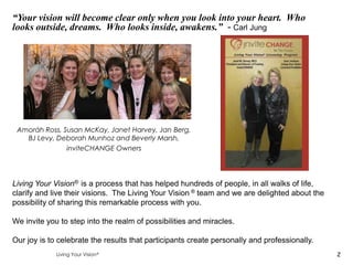 “Your vision will become clear only when you look into your heart. Who
looks outside, dreams. Who looks inside, awakens.” - Carl Jung




 Amoráh Ross, Susan McKay, Janet Harvey, Jan Berg,
   BJ Levy, Deborah Munhoz and Beverly Marsh,
               inviteCHANGE Owners




Living Your Vision® is a process that has helped hundreds of people, in all walks of life,
clarify and live their visions. The Living Your Vision ® team and we are delighted about the
possibility of sharing this remarkable process with you.

We invite you to step into the realm of possibilities and miracles.

Our joy is to celebrate the results that participants create personally and professionally.
             Living Your Vision                                                                2
 