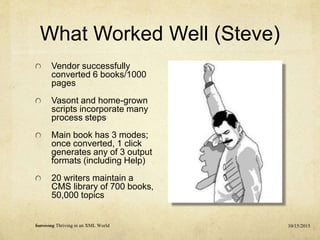 What Worked Well (Steve)
Vendor successfully
converted 6 books/1000
pages
Vasont and home-grown
scripts incorporate many
process steps
Main book has 3 modes;
once converted, 1 click
generates any of 3 output
formats (including Help)
20 writers maintain a
CMS library of 700 books,
50,000 topics
10/15/2015Surviving Thriving in an XML World
 