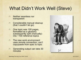What Didn’t Work Well (Steve)
Neither seamless nor
transparent
Considerable manual cleanup
(that I couldn’t let go)
One topic was 100 pages,
formatted as a glossary;
subsequently split (manually)
into ~100 reference topics
The new work environment
uses remote connection; can’t
copy/paste from spec to topic
Generating output can take 30
minutes
10/15/2015Surviving Thriving in an XML World
 
