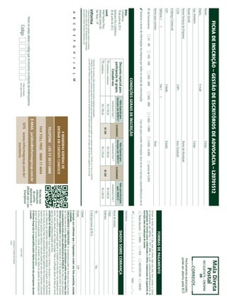 FICHA DE INSCRIÇÃO – GESTÃO DE ESCRITÓRIOS DE ADVOCACIA – LZ0701512                                                                                                                                                                                                                                                        Mala Direta
Nome:                                                                                                     		Cargo:
                                                                                                                                                                                                                                                                                                                                             Postal
                                                                                                                                                                                                                                                                                                                                           9912247475 - DR/SPM
Depto.:	E-mail:                                                                                                                                                                                                                                                                                                                                         IIR
Sup. Imediato:                                                                                            		                                                                              Cargo:
                                                                                                                                                                                                                                                                                                                                                   CORREIOS
Razão Social:                                                                                             		
                                                                                                                                                                                                                                                                                                                                          Fechamento autorizado,
Nome Fantasia da Empresa:                                                                                 		                                                                              Ramo de Atividade:                                                                                                                              pode ser aberto pela ECT.
CCM:	                                                                                                     CNPJ:	                                                                          Inscr. Estadual:
Endereço Comercial:
CEP:	                                                                                                     Cidade:	Estado:
Telefone: (             )	                                                                                Fax: (            )
                                                                                                                                                                                                                                                                                                      FORMAS DE PAGAMENTO
Nome para contato:                                                                                        		                                                                              Área:
                                                                                                                                                                                                                                                                             Emissão de boleto restrita até 3 dias antes do evento. Após esta data, favor contatar a Central
                                                                                                                                                                                                                                                                             de Atendimento pelo telefone 11 3017 6888 ou e-mail customer.service@ibcbrasil.com.br. A
Nº de funcionários:                     01 - 99                  100 - 199                     200 - 499                  500 - 999                    1.000 - 1.999                    2.000 - 4.999                     acima de 5.000                                     participação do inscrito estará condicionada à efetiva comprovação de pagamento da
                                                                                                                                                                                                                                                                             inscrição antes da realização do evento.
   Autorizo o envio de informações da empresa por todos os canais de comunicação.                                                                            Caso não queira receber informações, favor enviar e-mail para cadastro@ibcbrasil.com.br
                                                                                                                                                                                                                                                                                  Boleto Bancário           AMEX              VISA            MASTERCARD            DINERS
                                                                                                                                                                                                                                                                             Nº                                                                               Valid:
                                                                                                  CONDIÇÕES GERAIS DE INSCRIÇÃO
 Data:                                                                                                                                                                                                                                                                       Assinatura:
 Conferência:
 19 de junho de 2012                                                       Desconto especial para                                   Valor Especial para                                    Valor Especial para                                     Valor para Inscrições                             DADOS SOBRE COBRANÇA
                                                                                                                                 Inscrições até 20/04/12*                               Inscrições até 18/05/12*                                      após 18/05/12
 Seminário Pós Conferência:                                                participação de grupos.                                                                 ECONOMIZE                                                  ECONOMIZE
                                                                                                                                                                                                                                                                             Nome de contato:
 20 de junho de 2012                                                            Consulte-nos                                        Investimento Total (1)                                   Investimento Total (1)                                 Investimento Total (1)
                                                                                                                                                                                                                                                                             Cargo:
 Local:                                                                      Conferência + Seminário                                    R$ 3.195,00                                              R$ 3.395,00                                            R$ 3.695,00
                                                                                                                                                                       R$ 500                                                     R$ 300                                     Endereço:
 Hotel Paulista Plaza                                                        Conferência                                                R$ 1.995,00                                              R$ 2.195,00                                            R$ 2.495,00
 Alameda Santos, 85
 São Paulo – SP                                                                                                                                                                                                                                                              Tel:	Fax:
                                                                       * Desconto não cumulativo, válido somente para inscrição e pagamento antecipados.
                                                                       (1)
                                                                           ATENÇÃO: Os valores incluem os impostos que devem ser recolhidos pela fonte pagadora em conformidade com a legislação vigente (Lei 116/2003, art. 5º da Lei 10.925/04                             E-mail para envio da NF-e:
 O Informa Group plc está presente no Brasil e na America              e art. 647 do RIR). Pedimos a gentileza de contatar nossa central de atendimento para obter detalhes sobre o valor a ser pago, antes de efetuar o pagamento da inscrição.
 Latina pelas marcas IBC e IIR. Planejamento e Organização
 dos eventos no Brasil: IIR Informa Seminários Ltda.
                                                                                                                                                                                                                                                                             Cidade:
                                                                                                                                                                                                                                                                             Estado:	CEP:
   A       B       C         D     E       F       G         H     I        J      K       L      M                                                                                                                                                                          A inscrição será confirmada após a Organizadora receber esta ficha preenchida, assinada
                                                                                                                                                                                                                                                                             e carimbada.
                                                                                                                                                                                                                                                                             CANCELAMENTOS E SUBSTITUIÇÕES: Os cancelamentos podem ser feitos sem ônus ou encargos
                                                                                                                                                                                                                                                                             até 10 dias antes do evento. Após esta data, as substituições podem ser feitas sem ônus, mas
                                                                                                                                                                        4 MANEIRAS RÁPIDAS DE                                                                                os cancelamentos terão uma taxa administrativa de R$500,00. Em todos os casos, solicitamos
                                                                                                                                                                                                                                                                             informar a Organizadora sobre qualquer alteração até às 12h da véspera do evento. Os inscritos
                                                                                                                                                                     ENTRAR EM CONTATO CONOSCO                                                                               que não cancelarem sua participação segundo as condições acima descritas, e não comparecerem ao
                                                                                                                                                                                                                                                                             evento, serão cobrados no valor integral acordado. Todas as notificações devem ser feitas por escrito
                                                                                                                                                                                                                                                                             pelo fax, e-mail ou endereço indicados nesta ficha.
                                                                                                                                                                     TELEFONE +55 11 3017-6888                                                                               ALTERAÇÃO DE PROGRAMA: O nosso compromisso é fornecer a discussão e o estudo de temas
                                                                                                                                                                                                                                                                             e casos relevantes por palestrantes habilitados. Eventuais alterações no programa serão decorrentes
                                                                                                                                                                                                                                                                             de caso fortuito ou força maior. Na eventualidade de algum palestrante não comparecer, envidaremos
                                                                                                                                                                     FAX TOLL FREE 0800 11 4664                                                                              maiores esforços possíveis para substituir o executivo ausente por outro apto a promover a discussão
                                                                                                                                                                                                                                                        Receba mais          do tema conforme programado. Contudo, tal empenho não implica em garantia da substituição. Ao
                                                                                                                                                                                                                                                        informações          assinar este documento, concordo com os termos acima pactuados.
                                                                                                                                                                                                                                                         do evento           O Informa Group não se responsabiliza pelos objetos pessoais dos participantes durante
                                                                                                                                                             E-MAIL juridico@informagroup.com.br                                                       digitalizando o       o evento.
          Insira no campo abaixo o código que se encontra na etiqueta de endereçamento                                                                                                                                                                QRcode com o seu
                                                                                                                                                                SITE www.informagroup.com.br/                                                           Smartphone
                      Código                                                                            Código da etiqueta.
                                                                                                        Lado superior direito.                                                                                                                                                                                             Local e Data
                                                                                                                                                                          escritorio
                                                                                                                                                                                                                                                                                                                 Assinatura e Carimbo da Empresa
                                                                                                                                                                                                                                                                                                                 Cargo:
 