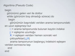 Algoritma (Pseudo Code)
begin
görünümü gelen veri ile doldur
while (görünüm boş olmadığı sürece) do
begin
görünümün başındaki veriden arama tamponundaki en uzun
eşleşmeyi bul
i := arama tamponunda bulunan kaydın indeksi
j := eşleşme uzunluğu
X := eşleşen veriden hemen sonraki veri
çıktıyaAktar(i,j,X)
arama tamponunun başlangıç indeksini eşleşen veriden
sonrasına taşı
end
end
 