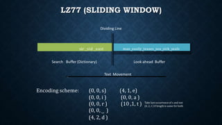 LZ77 (SLIDING WINDOW)
sir ˽sid ˽east man˽ easily˽ teases˽ sea˽ sick˽ sealsman˽easily˽teases˽sea˽sick˽seals
Search Buffer (Dictionary) Look ahead Buffer
Dividing Line
Text Movement
(0, 0, ˽ )
(4, 2, d )
Encoding scheme: (0, 0, s) (4, 1, e)
(0, 0, i ) (0, 0, a )
(0, 0, r ) (10 ,1, t ) Take last occurrence of s and not
(6 ,1, t ) if length is same for both
 