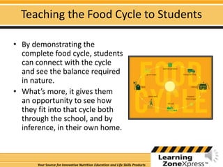 Teaching the Food Cycle to StudentsBy demonstrating the complete food cycle, students can connect with the cycle and see the balance required in nature. What’s more, it gives them an opportunity to see how they fit into that cycle both through the school, and by inference, in their own home.