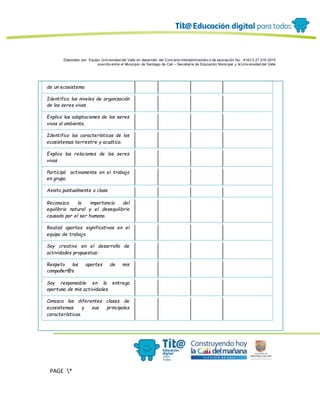 Elaborado por: Equipo Univ ersidad del Valle en desarrollo del Conv enio interadministrativ o de asociación No. 4143.0.27.016-2015
suscrito entre el Municipio de Santiago de Cali – Secretaría de Educación Municipal y la Univ ersidad del Valle
PAGE *
MERGEF
ORMAT
12
de un ecosistema
Identifico los niveles de organización
de los seres vivos
Explico las adaptaciones de los seres
vivos al ambiente.
Identifico las características de los
ecosistemas terrestre y acuático.
Explico las relaciones de los seres
vivos
Participó activamente en el trabajo
en grupo.
Asisto puntualmente a clase
Reconozco la importancia del
equilibrio natural y el desequilibrio
causado por el ser humano.
Realizó aportes significativos en el
equipo de trabajo.
Soy creativo en el desarrollo de
actividades propuestas-
Respeto los aportes de mis
compañer@s
Soy responsable en la entrega
oportuna de mis actividades.
Conozco las diferentes clases de
ecosistemas y sus principales
características.
 