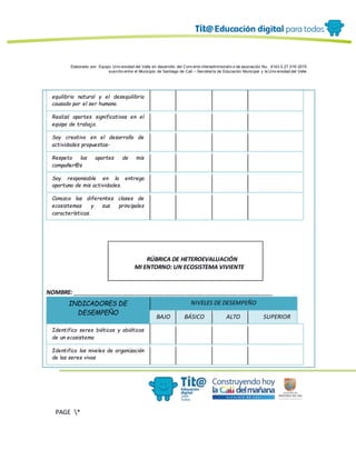 Elaborado por: Equipo Univ ersidad del Valle en desarrollo del Conv enio interadministrativ o de asociación No. 4143.0.27.016-2015
suscrito entre el Municipio de Santiago de Cali – Secretaría de Educación Municipal y la Univ ersidad del Valle
PAGE *
MERGEF
ORMAT
12
equilibrio natural y el desequilibrio
causado por el ser humano.
Realizó aportes significativos en el
equipo de trabajo.
Soy creativo en el desarrollo de
actividades propuestas-
Respeto los aportes de mis
compañer@s
Soy responsable en la entrega
oportuna de mis actividades.
Conozco las diferentes clases de
ecosistemas y sus principales
características.
RÚBRICA DE HETEROEVALUACIÓN
MI ENTORNO: UN ECOSISTEMA VIVIENTE
NOMBRE: _______________________________________________________________
INDICADORES DE
DESEMPEÑO
NIVELES DE DESEMPEÑO
BAJO BÁSICO ALTO SUPERIOR
Identifico seres bióticos y abióticos
de un ecosistema
Identifico los niveles de organización
de los seres vivos
 