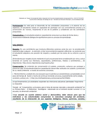 Elaborado por: Equipo Univ ersidad del Valle en desarrollo del Conv enio interadministrativ o de asociación No. 4143.0.27.016-2015
suscrito entre el Municipio de Santiago de Cali – Secretaría de Educación Municipal y la Univ ersidad del Valle
PAGE *
MERGEF
ORMAT
12
Participación: Es vital para el desarrollo de las actividades propuestas y el alcance de los
objetivos. El estudiante estará en capacidad de participar con sus conocimientos previos y la
construcción de nuevos, respetando el uso de la palabra y cumpliendo con las actividades
propuestas.
Comunicativa: el estudiante estará en capacidad de comunicar sus ideas de forma clara y
respetuosa entablando diálogos de significativos para su proceso de aprendizaje.
VALORES:
Respeto: Es una sentimiento que involucra diferentes acciones como los son: la consideración
especial a algo o alguien , la atención, el dar reconocimiento especial o diferente. se pretende que
el estudiante adquiera una posición de respeto y cuidado por los seres de su entorno y por el
mismo.
(Entendemos por respeto al acto mediante el cual una persona tiene consideración por otra y actua
teniendo en cuenta sus intereses, capacidades, preferencias, miedos o sentimientos.... de
Importancia: http://www.importancia.org/respeto.php)
Conservación: Se entiende por conservación el cuidado, protección, esfuerzo por proteger y
preservar algo. El estudiante estará en capacidad de desarrollar actitudes de cuidado y protección
de su medio ambiente a través de acciones concretas.
( Mantenimiento y cuidado de una cosa para que no pierda sus características y propiedades con el
paso del tiempo.2 Acción o hecho de continuar teniendo una cosa, especialmente cierto estado,
condición, actitud, etc.: ) http://es.thefreedictionary.com/conservaci%C3%B3n
¿A qué lineamientos y/o estándares responden las intenciones educativas planteadas? Argumente
su respuesta
Tomado de “Lineamientos curriculares para el área de ciencias naturales y educación ambiental” en
su Primera Parte : El Referentes Sociológicos relacionado con el contexto escolar numeral 1.3. La
escuela y la dimensión ambiental:
<<La escuela en cuanto sistema social y democrático, debe educar para que los
individuos y las colectividades comprendan la naturaleza compleja del ambiente,
resultante de la interacción de sus aspectos biológicos, físicos, químicos, sociales,
 