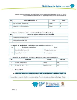Elaborado por: Equipo Univ ersidad del Valle en desarrollo del Conv enio interadministrativ o de asociación No. 4143.0.27.016-2015
suscrito entre el Municipio de Santiago de Cali – Secretaría de Educación Municipal y la Univ ersidad del Valle
PAGE *
MERGEF
ORMAT
12
No. Nombres y Apellidos ME Área Grado
1 LEYDI YOANA MOSQUERA Todas 3
2 ELIZABETH YASMIN VILLA Todas 3
4.2 Correos electrónicos de los miembros del Ambiente de Aprendizaje
No. Correo – En el orden de aparición del numeral 4.1
1 Profepola2013@gmail.com
2 elizayasvilla@gmail.com
4.3 Nombre de la institución educativa (En orden de aparición en el numeral 4.1)
No. Institución Educativa Sede
1 República De Argentina Policarpa Salavarrieta
2 Rafael Navia Varón Panamericana
4.4 Dirección de la Institución Educativa – Principal / Sedes principal + Comuna
No. Dirección Barrio Comuna
1 Carrera 11# 22 a 30 Obrero 09
2 Carrera 48 12 A - 48 Departamental 10
4.5 Ciudad: Cali
5. SISTEMATIZACIÓN DEL AMBIENTE DE APRENDIZAJE MEDIADO POR TIC
Haga un breveresumen de cómo va a sistematizarel ambientede aprendizajemediado porTIC,los
 