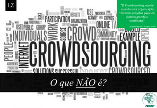 O que NÃO é?
“O Crowdsourcing ocorre
quando uma organização
terceiriza projetos para um
público grande e
indefinido.”
Isabela Mena – Projeto Draft
 