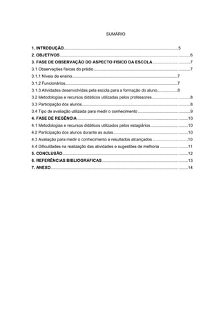 SUMÁRIO
1. INTRODUÇÃO.....................................................................................................5
2. OBJETIVOS ...................................................................................................... ..........6
3. FASE DE OBSERVAÇÃO DO ASPECTO FISICO DA ESCOLA ...................... ..........7
3.1 Observações físicas do prédio ......................................................................... ..........7
3.1.1 Níveis de ensino.............................................................................................7
3.1.2 Funcionários...................................................................................................7
3.1.3 Atividades desenvolvidas pela escola para a formação do aluno..................8
3.2 Metodologias e recursos didáticos utilizadas pelos professores....................... ..........8
3.3 Participação dos alunos ................................................................................... ..........8
3.4 Tipo de avaliação utilizada para medir o conhecimento ................................... ..........9
4. FASE DE REGÊNCIA ....................................................................................... ........10
4.1 Metodologias e recursos didáticos utilizados pelos estagiários ........................ ........10
4.2 Participação dos alunos durante as aulas ........................................................ ........10
4.3 Avaliação para medir o conhecimento e resultados alcançados ....................... .......10
4.4 Dificuldades na realização das atividades e sugestões de melhoria ................ ........11
5. CONCLUSÃO .................................................................................................... ........12
6. REFERÊNCIAS BIBLIOGRÁFICAS .................................................................. ........13
7. ANEXO .............................................................................................................. ........14

 