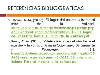 REFERENCIAS BIBLIOGRAFICAS
 . Boom, A. M. (2015). El lugar del maestro frente al
mito de la calidad.
https://eduvirtual.cuc.edu.co/moodle/pluginfile.php
/595621/mod_resource/content/2/2015_El_lugar_
del_maestro_frente_al_mito_de_la_calidad.pdf
 Boom, A. M. (2015). Veinte años y un debate: Entre el
maestro y la calidad. Anuario Colombiano De Educación
y Pedagogía, 1(1).
https://eduvirtual.cuc.edu.co/moodle/pluginfile.php/59
5626/mod_resource/content/2/2015_20_anos_y_un_
debate_Entre_el_maestro_y_la_calidad.pdf
 