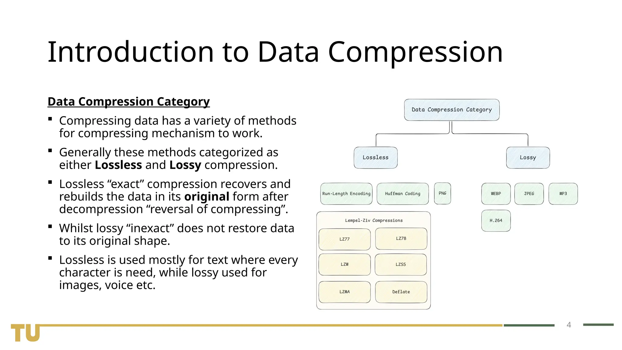 4 Introduction to Data Compression Data Compression Category  Compressing data has a variety of methods for compressing mechanism to work.  Generally these methods categorized as either Lossless and Lossy compression.  Lossless “exact” compression recovers and rebuilds the data in its original form after decompression “reversal of compressing”.  Whilst lossy “inexact” does not restore data to its original shape.  Lossless is used mostly for text where every character is need, while lossy used for images, voice etc. 