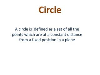 Circle
A circle is defined as a set of all the
points which are at a constant distance
from a fixed position in a plane