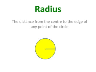 Radius
The distance from the centre to the edge of
any point of the circle