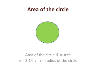 Area of the circle
Area of the circle 𝐴 = 𝜋𝑟2
𝜋 = 3.14 ; r = radius of the circle