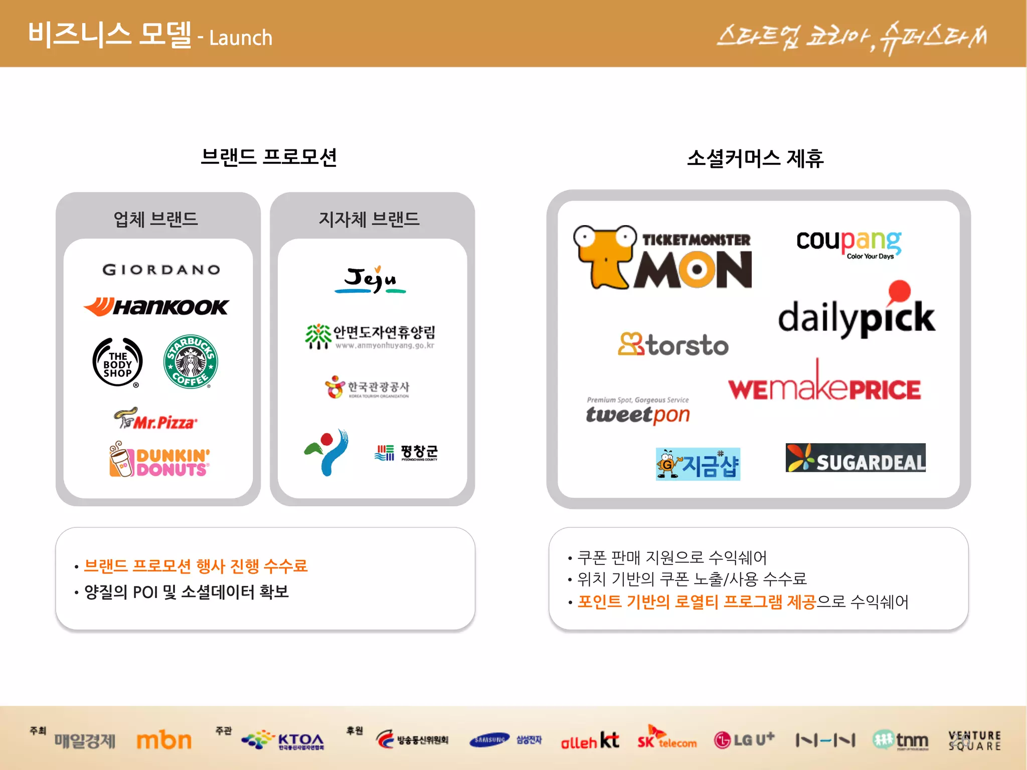 비즈니스모델-Launch



                                                브랜드프로모션                                                                                  소셜커머스제휴


                     업체브랜드                                                    지자체브랜드




                                                                                                       •                        
    •브랜드프로모션행사진행수수료
                                                                                                                                 
    •양질의POI및소셜데이터확보
                                                                                                        •포인트기반의로열티프로그램제공            




                                                                                                                                                                                                       26
 