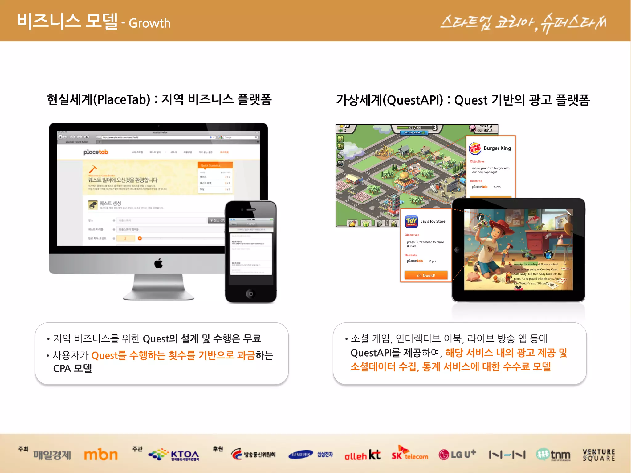 비즈니스모델-Growth



                   현실세계(PlaceTab):지역비즈니스플랫폼                                     가상세계(QuestAPI):Quest기반의광고플랫폼




    •         Quest의설계및수행은무료     •                          
    •               Quest를수행하는횟수를기반으로과금하는       QuestAPI를제공             해당서비스내의광고제공및
      •CPA모델                                                                    소셜데이터수집,통계서비스에대한수수료모델




                                                                                                                                                                                                                                       27
 