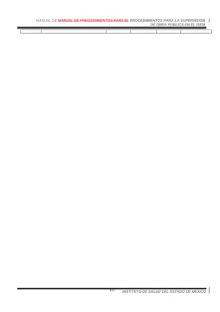 MANUAL DE MANUAL DE PROCEDIMIENTOS PARA EL PROCEDIMIENTOS PARA LA SUPERVISION
DE OBRA PUBLICA EN EL ISEM
INSTITUTO DE SALUD DEL ESTADO DE MEXICO111
 