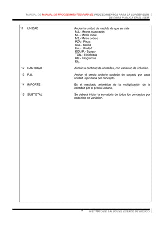 MANUAL DE MANUAL DE PROCEDIMIENTOS PARA EL PROCEDIMIENTOS PARA LA SUPERVISION
DE OBRA PUBLICA EN EL ISEM
INSTITUTO DE SALUD DEL ESTADO DE MEXICO114
11 UNIDAD Anotar la unidad de medida de que se trate
M2.- Metros cuadrados
ML.- Metro lineal
M3.- Metro cúbico
PZA.- Pieza
SAL.- Salida
Un.- Unidad
EQUIP.- Equipo
TON.- Toneladas
KG.- Kilogramos
Etc.
12 CANTIDAD Anotar la cantidad de unidades, con variación de volumen.
13 P.U. Anotar el precio unitario pactado de pagado por cada
unidad ejecutada por concepto.
14 IMPORTE Es el resultado aritmético de la multiplicación de la
cantidad por el precio unitario.
15 SUBTOTAL Se deberá iniciar la sumatoria de todos los conceptos por
cada tipo de variación.
 