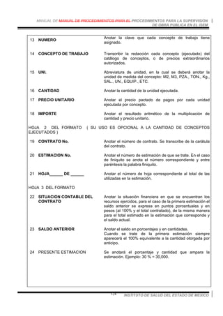 MANUAL DE MANUAL DE PROCEDIMIENTOS PARA EL PROCEDIMIENTOS PARA LA SUPERVISION
DE OBRA PUBLICA EN EL ISEM
INSTITUTO DE SALUD DEL ESTADO DE MEXICO124
13 NUMERO
Anotar la clave que cada concepto de trabajo tiene
asignado.
14 CONCEPTO DE TRABAJO Transcribir la redacción cada concepto (ejecutado) del
catálogo de conceptos, o de precios extraordinarios
autorizados.
15 UNI. Abreviatura de unidad, en la cual se deberá anotar la
unidad de medida del concepto: M2, M3, PZA., TON., Kg.,
SAL., UN., EQUIP., ETC.
16 CANTIDAD Anotar la cantidad de la unidad ejecutada.
17 PRECIO UNITARIO Anotar el precio pactado de pagos por cada unidad
ejecutada por concepto.
18 IMPORTE Anotar el resultado aritmético de la multiplicación de
cantidad y precio unitario.
HOJA 2 DEL FORMATO ( SU USO ES OPCIONAL A LA CANTIDAD DE CONCEPTOS
EJECUTADOS )
19 CONTRATO No. Anotar el número de contrato. Se transcribe de la carátula
del contrato.
20 ESTIMACION No. Anotar el número de estimación de que se trate. En el caso
de finiquito se anota el número correspondiente y entre
paréntesis la palabra finiquito.
21 HOJA______ DE ______ Anotar el número de hoja correspondiente al total de las
utilizadas en la estimación.
HOJA 3 DEL FORMATO
22 SITUACION CONTABLE DEL
CONTRATO
Anotar la situación financiera en que se encuentran los
recursos ejercidos, para el caso de la primera estimación el
saldo anterior se expresa en puntos porcentuales y en
pesos (al 100% y el total contratado), de la misma manera
para el total estimado en la estimación que corresponde y
el saldo actual.
23 SALDO ANTERIOR Anotar el saldo en porcentajes y en cantidades.
Cuando se trate de la primera estimación siempre
aparecerá el 100% equivalente a la cantidad otorgada por
anticipo.
24 PRESENTE ESTIMACION Se anotará el porcentaje y cantidad que ampara la
estimación. Ejemplo: 30 % = 30,000.
 