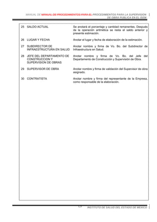 MANUAL DE MANUAL DE PROCEDIMIENTOS PARA EL PROCEDIMIENTOS PARA LA SUPERVISION
DE OBRA PUBLICA EN EL ISEM
INSTITUTO DE SALUD DEL ESTADO DE MEXICO125
25 SALDO ACTUAL Se anotará el porcentaje y cantidad remanentes. Después
de la operación aritmética se resta el saldo anterior y
presente estimación.
26 LUGAR Y FECHA Anotar el lugar y fecha de elaboración de la estimación.
27 SUBDIRECTOR DE
INFRAESTRUCTURA EN SALUD
Anotar nombre y firma de Vo. Bo. del Subdirector de
Infraestructura en Salud.
28 JEFE DEL DEPARTAMENTO DE
CONSTRUCCION Y
SUPERVISION DE OBRAS
Anotar nombre y firma de Vo. Bo. del Jefe del
Departamento de Construcción y Supervisión de Obra.
29 SUPERVISOR DE OBRA Anotar nombre y firma de validación del Supervisor de obra
asignado.
30 CONTRATISTA Anotar nombre y firma del representante de la Empresa,
como responsable de la elaboración.
 