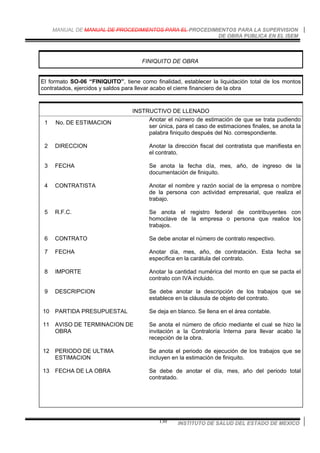 MANUAL DE MANUAL DE PROCEDIMIENTOS PARA EL PROCEDIMIENTOS PARA LA SUPERVISION
DE OBRA PUBLICA EN EL ISEM
INSTITUTO DE SALUD DEL ESTADO DE MEXICO130
FINIQUITO DE OBRA
El formato SO-06 “FINIQUITO”, tiene como finalidad, establecer la liquidación total de los montos
contratados, ejercidos y saldos para llevar acabo el cierre financiero de la obra
INSTRUCTIVO DE LLENADO
1 No. DE ESTIMACION
Anotar el número de estimación de que se trata pudiendo
ser única, para el caso de estimaciones finales, se anota la
palabra finiquito después del No. correspondiente.
2 DIRECCION Anotar la dirección fiscal del contratista que manifiesta en
el contrato.
3 FECHA Se anota la fecha día, mes, año, de ingreso de la
documentación de finiquito.
4 CONTRATISTA Anotar el nombre y razón social de la empresa o nombre
de la persona con actividad empresarial, que realiza el
trabajo.
5 R.F.C. Se anota el registro federal de contribuyentes con
homoclave de la empresa o persona que realice los
trabajos.
6 CONTRATO Se debe anotar el número de contrato respectivo.
7 FECHA Anotar día, mes, año, de contratación. Esta fecha se
especifica en la carátula del contrato.
8 IMPORTE Anotar la cantidad numérica del monto en que se pacta el
contrato con IVA incluido.
9 DESCRIPCION Se debe anotar la descripción de los trabajos que se
establece en la cláusula de objeto del contrato.
10 PARTIDA PRESUPUESTAL Se deja en blanco. Se llena en el área contable.
11 AVISO DE TERMINACION DE
OBRA
Se anota el número de oficio mediante el cual se hizo la
invitación a la Contraloría Interna para llevar acabo la
recepción de la obra.
12 PERIODO DE ULTIMA
ESTIMACION
Se anota el periodo de ejecución de los trabajos que se
incluyen en la estimación de finiquito.
13 FECHA DE LA OBRA Se debe de anotar el día, mes, año del periodo total
contratado.
 