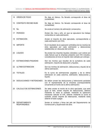 MANUAL DE MANUAL DE PROCEDIMIENTOS PARA EL PROCEDIMIENTOS PARA LA SUPERVISION
DE OBRA PUBLICA EN EL ISEM
INSTITUTO DE SALUD DEL ESTADO DE MEXICO132
14 ORDEN DE PAGO Se deja en blanco. Su llenado corresponde al área de
contabilidad.
15 CONTRATO RECIBO NUM. Se deja en blanco. Su llenado corresponde al área de
contabilidad.
16 No. Se anota el número de estimación consecutivo.
17 PERIODO Anotar día, mes y año, en que se ejecutaron los trabajo
contenidos en cada estimación.
18 ESTIMACION Anotar el importe de obra ejecutada, correspondiente a
cada estimación (sin IVA).
19 IMPORTE Es el resultado de la operación aritmética de los montos de
obra ejecutada por cada estimación y deducciones
establecidas en cláusulas del contrato.
20 LIQUIDO Se anotan los importes líquidos cobrados o por cobrar por
cada factura que la empresa presento (con IVA incluido),
considerando al inicio el importe neto cobrado por anticipo.
21 ESTIMACIONES PAGADAS Son los montos que resultan de la sumatoria de cada
estimación, importe de deducción y líquidos.
22 ULTIMA ESTIMACION Son los montos de estimación, deducciones y liquido de la
última estimación.
23 TOTALES Es la suma de estimaciones pagadas y de la última
estimación en cada columna, estimación, deducciones y
liquido.
24 DEDUCCIONES Y RETENCINES Se deben anotar las deducciones y retenciones pactadas
con el representante de la empresa (correspondiente
únicamente al monto de la última estimación)
25 CALCULO DE ESTIMACIONES Se debe anotar el monto de la obra ejecutada, que será
igual al neto, anotar importe de deducciones, obtener
mediante la resta el subtotal, mediante la operación
necesaria calcular el IVA, obtener mediante la suma el
subtotal, anotar importe de retenciones, mediante resta
obtener el total a pagar.
26 DEPARTAMENTO
RESPONSABLE
Anotar el nombre y firma del jefe del Departamento de
Construcción y Supervisión de obra.
 