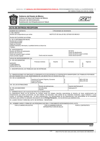 MANUAL DE MANUAL DE PROCEDIMIENTOS PARA EL PROCEDIMIENTOS PARA LA SUPERVISION
DE OBRA PUBLICA EN EL ISEM
INSTITUTO DE SALUD DEL ESTADO DE MEXICO135
Gobierno del Estado de México
Instituto de Salud del Estado de México
Dirección de Administración.
Subdirección de Infraestructura en Salud.
ACTA DE ENTREGA RECEPCION
NUMERO DE CONTRATO: PROGRAMA DE INVERSION
I.- DEL OBJETO
Nombre de la Dependencia que recibe:
Nombre del Contratista que entrega:
INSTITUTO DE SALUD DEL ESTADO DE MEXICO
II.- DE LA INFORMACION INICIAL
Nombre de la Unidad:
Unidad Responsable:
Objeto de Contrato:
Entidad Federativa, Municipal y Localidad donde se ubican los
Trabajos:
III.- ANTECEDENTES
Numero de Oficios de autorización
Numero de Concurso
Fecha de iniciación según contrato
Fecha contrato original Fecha real de iniciación:
De fecha
Fecha de adjudicación
Fecha de termino según contrato
Fecha real de termino
OFICIO DE REPROGRAMACION No.
IV.- DE LAS GARANTIAS
ANTICIPO
CUMPLIMIENTO
VICIOS OCULTOS
Finanzas números Importe
$
$
$
De fecha Vigencia
Al
Al
Al
V.- DESCRIPCION DE LOS TRABAJOS QUE SE ENTREGAN
VI.- OBSERVACIONES: NO OBSTANTE LA PRESENTE ACTA DE ENTREGA LA CONTRATISTA GARANTIZARA LOS TRABAJOS POR MEDIO
DE UNA FINANZA EN LA CUAL RESPONDERA DE LOS DEFECTOS Y/O VICIOS OCULTOS.
VII.- DE LA LIQUIDACION.
Importe de Contrato Original y Convenio
Importe Ejercido
Saldo por Cancelar
$
$
$
INCLUYE IVA
INCLUYE IVA
VIII.- DE LAS ESTIMACIONES
Numero de estimaciones: Importe total Estimado:$
IX.- DE LAS SANCIONES
Causa:
NO APLICAN
Importe:
Estimación N°.
X.- TERMINOS BAJO LOS CUALES SE EFECTUA LA REPETICION.
La Dependencia dentro de los términos de contrato recibe los trabajos descritos reservándose el derecho de hacer posteriormente las
reclamaciones que estime conveniente, por obra faltante, mal ejecutada, mala calidad de los materiales empleados, pagos indebidos o vicios
ocultos, el contratista manifiesta que no tiene reclamaciones. Los representantes de las Dependencias cuya personalidad se ha acreditado
intervienen para certificar la realización del presente acto de Entrega Recepción. Con los términos que establece la ley.
XI.- LUGAR, FECHA Y HORA DEL ACTA DE ENTREGA – RECEPCION
XII.- NOMBRE CARGO Y FIRMA DE LAS PERSONAS QUE REAL Y FISICAMENTE INTERVINIERON EN EL ACTO.
POR LA UNIDAD APLICATIVA POR LA SUBDIRECCIÓN DE
INFRAESTRUCTURA EN SALUD
POR EL CONTRATISTA
SO-07
 