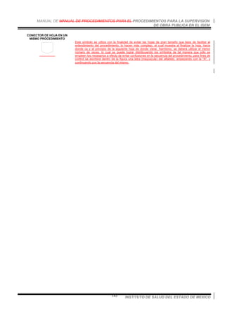 MANUAL DE MANUAL DE PROCEDIMIENTOS PARA EL PROCEDIMIENTOS PARA LA SUPERVISION
DE OBRA PUBLICA EN EL ISEM
INSTITUTO DE SALUD DEL ESTADO DE MEXICO143
CONECTOR DE HOJA EN UN
MISMO PROCEDIMIENTO
Este símbolo se utiliza con la finalidad de evitar las hojas de gran tamaño que lejos de facilitar el
entendimiento del procedimiento, lo hacen más complejo, el cual muestra al finalizar la hoja, hacia
donde va y al principio de la siguiente hoja de donde viene. Asimismo, se deberá utilizar el menor
número de veces, lo cual se puede lograr distribuyendo los símbolos de tal manera que sólo se
empleen los necesarios a efecto de evitar confusiones en la secuencia del procedimiento; para fines de
control se escribirá dentro de la figura una letra (mayúscula) del alfabeto, empezando con la "A", y
continuando con la secuencia del mismo.
 