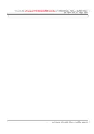 MANUAL DE MANUAL DE PROCEDIMIENTOS PARA EL PROCEDIMIENTOS PARA LA SUPERVISION
DE OBRA PUBLICA EN EL ISEM
INSTITUTO DE SALUD DEL ESTADO DE MEXICO23
 