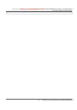 MANUAL DE MANUAL DE PROCEDIMIENTOS PARA EL PROCEDIMIENTOS PARA LA SUPERVISION
DE OBRA PUBLICA EN EL ISEM
INSTITUTO DE SALUD DEL ESTADO DE MEXICO27
 