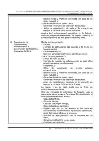 MANUAL DE MANUAL DE PROCEDIMIENTOS PARA EL PROCEDIMIENTOS PARA LA SUPERVISION
DE OBRA PUBLICA EN EL ISEM
INSTITUTO DE SALUD DEL ESTADO DE MEXICO32
− Balance físico y financiero conciliado (en caso de las
obras nuevas), y
− Garantías de calidad (en su caso),
− Garantías y manuales de operación de recursos,
− Actas de capacitación.- otorgada en la operación de
equipos al personal de la unidad aplicativa.
Analiza la(s) estimación(es) parcial(es), o de finiquito,
revisa su integración documental, las registra, rubrica y la
turna al supervisor de obra para su revisión y firma.
18 Coordinación de
Conservación y
Mantenimiento, ó
Construcción de Hospitales/
Supervisor de Obra
Recibe la documentación:
− Factura,
− Formato de estimaciones (de acuerdo a la fuente de
financiamiento),
− Carátula del finiquito,
− Números generadores (firmados por el supervisor),
− Acta de entrega-recepción,
− Fianza de vicios ocultos,
− Formato de variación de volúmenes (en su caso oficio
de autorización de transferencias)
− Fotografías, y
− Oficio de autorización de precios unitarios
extraordinarios.
− Balance físico y financiero conciliado (en caso de las
obras nuevas), y
− Garantías de calidad (en su caso),
− Garantías y manuales de operación de recursos,
− Actas de capacitación.- otorgada en la operación de
equipos al personal de la unidad aplicativa,
La revisa, y en su caso, avala con su firma las
estimaciones presentadas.
Una vez ingresada la estimación de finiquito, toda la
documentación se anexa al Expediente Técnico Unitario, el
cual debe contener como mínimo:
− Copia del contrato,
− Copia de fianzas,
− Copia de factura por anticipo,
− Copia del catálogo aprobado,
− Proyecto ejecutivo (no se requiere en los casos de
conservación y mantenimiento, reparación y demolición)
− Aviso de inicio de obra por la empresa,
− Solicitud de reprogramación por la empresa (en su
caso),
− Convenio modificatorio (en su caso),
− Estimaciones tramitadas,
 