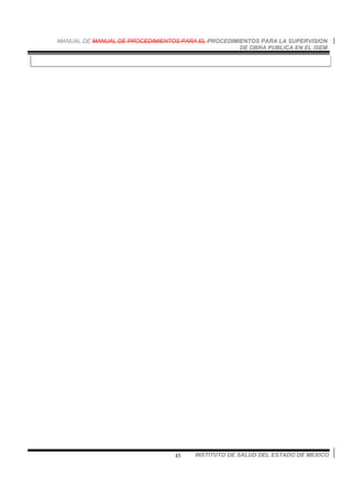 MANUAL DE MANUAL DE PROCEDIMIENTOS PARA EL PROCEDIMIENTOS PARA LA SUPERVISION
DE OBRA PUBLICA EN EL ISEM
INSTITUTO DE SALUD DEL ESTADO DE MEXICO45
 