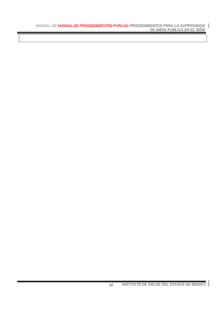 MANUAL DE MANUAL DE PROCEDIMIENTOS PARA EL PROCEDIMIENTOS PARA LA SUPERVISION
DE OBRA PUBLICA EN EL ISEM
INSTITUTO DE SALUD DEL ESTADO DE MEXICO62
 