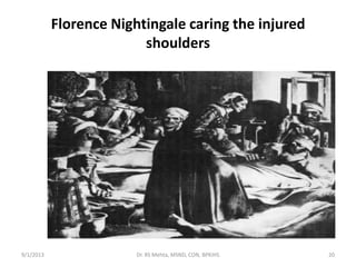 Florence Nightingale caring the injured
shoulders
9/1/2013 20Dr. RS Mehta, MSND, CON, BPKIHS
 